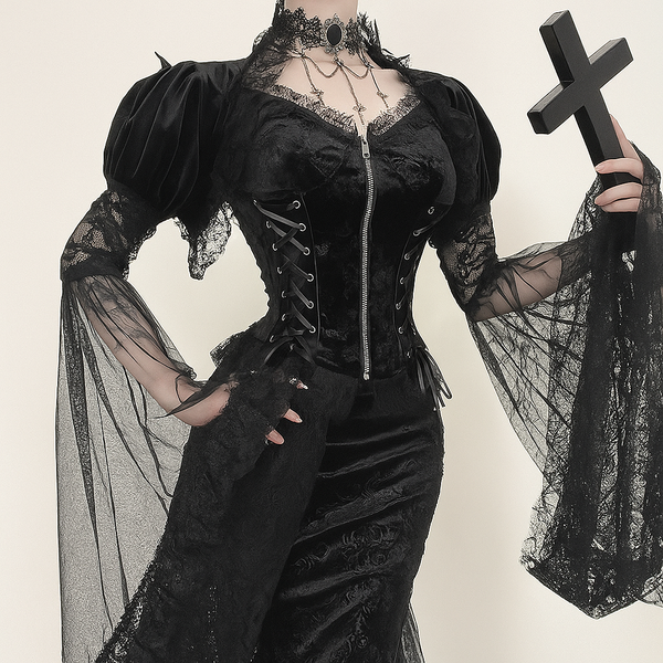 Sourpuss Clothing Velvet Cape Top With Flared Sleeves For Gothic Grunge Style