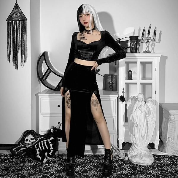 Sourpuss Clothing Witchy High Waist Slit Skirt In Black Velvet