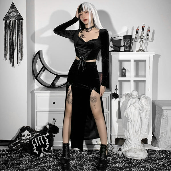 Sourpuss Clothing Witchy High Waist Slit Skirt In Black Velvet