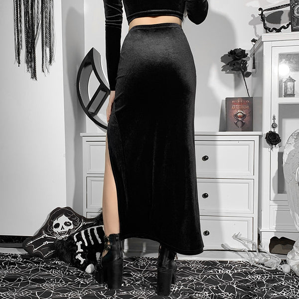 Sourpuss Clothing Witchy High Waist Slit Skirt In Black Velvet