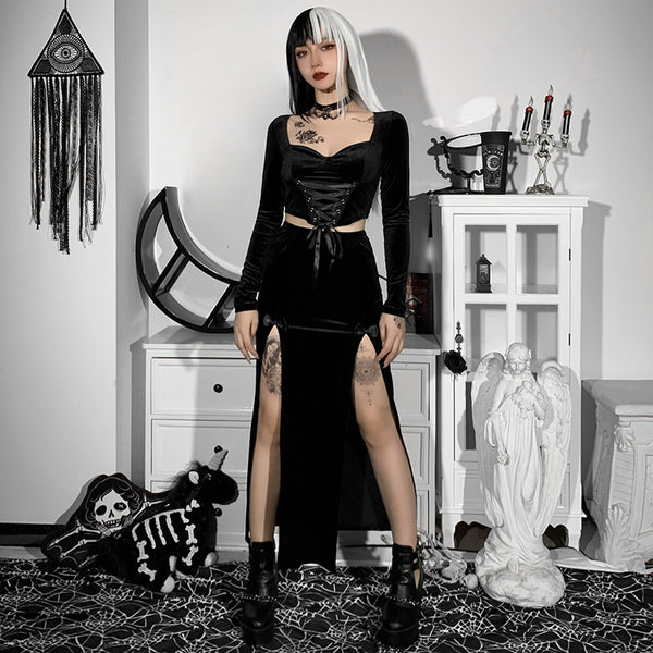 sourpuss clothing Witchy High Waist Slit Skirt in Black Velvet