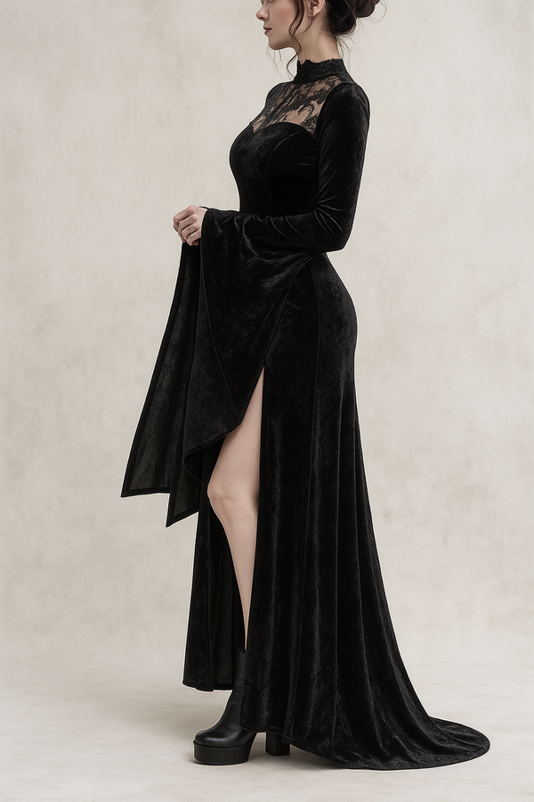 Sourpuss Clothing Witchy Lace Slit Maxi Dress For Gothic Elegance