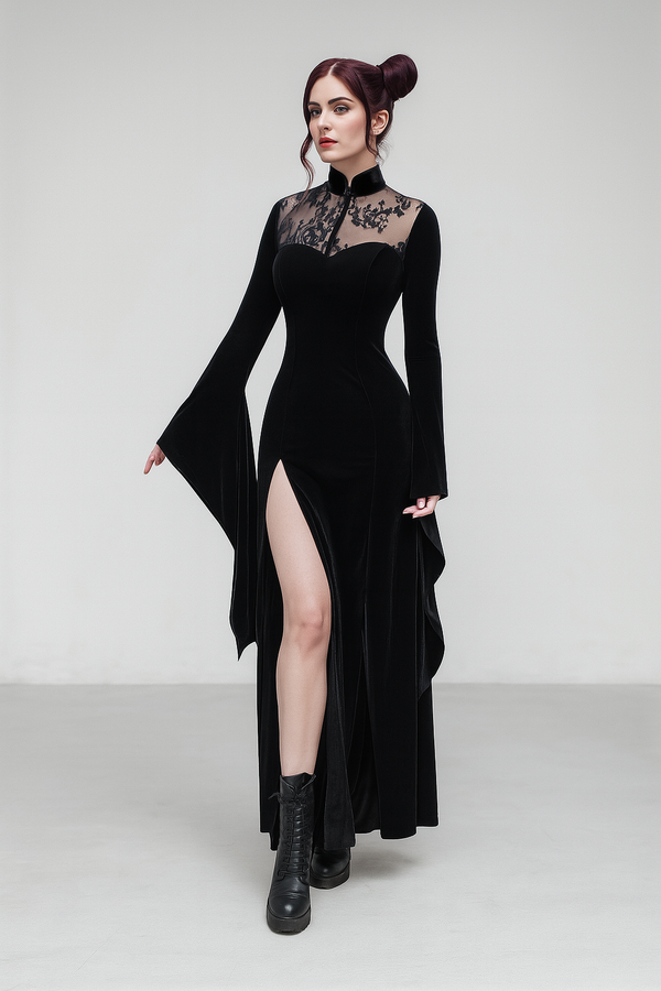 Sourpuss Clothing Witchy Lace Slit Maxi Dress For Gothic Elegance