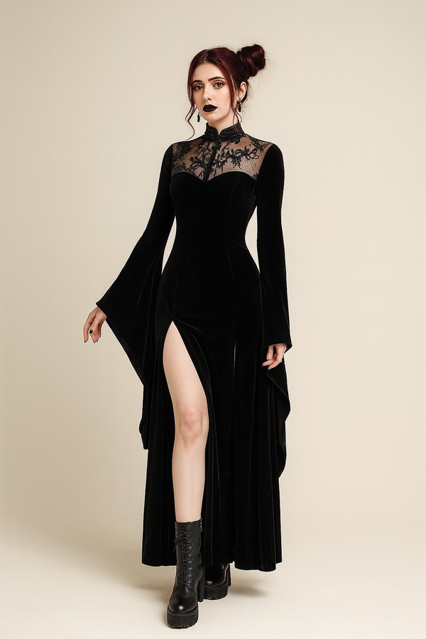 sourpuss clothing Witchy Lace Slit Maxi Dress for Gothic Elegance
