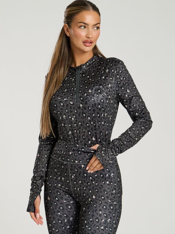 south beach Alps Half Zip Base Layer in Black Leopard