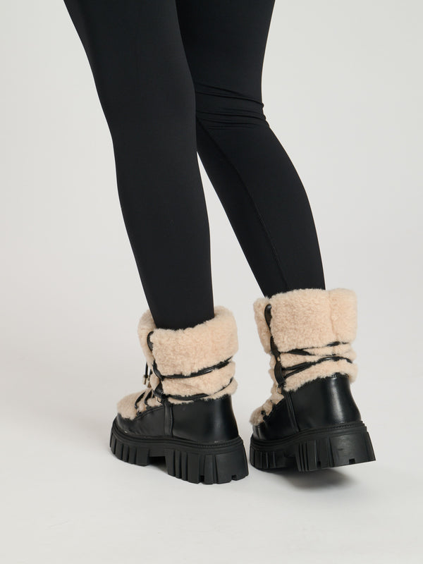 South Beach Arctic Faux Fur Chunky Lace Up Black Snow Boots