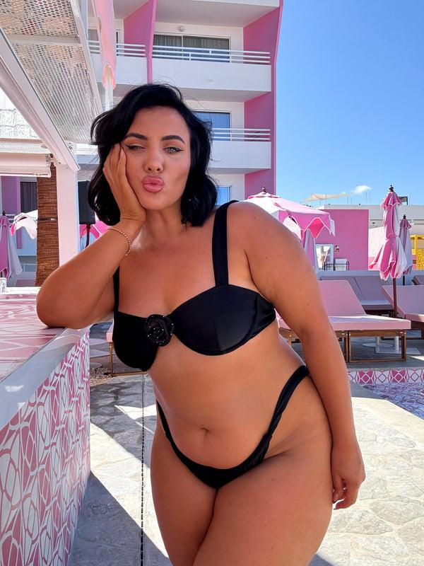 south beach Aruba Bikini Top in Black With Flower Trim