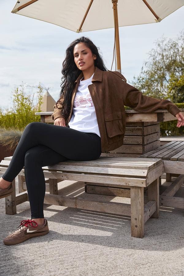 South Beach Avalon Faux Suede Bomber Jacket In Brown