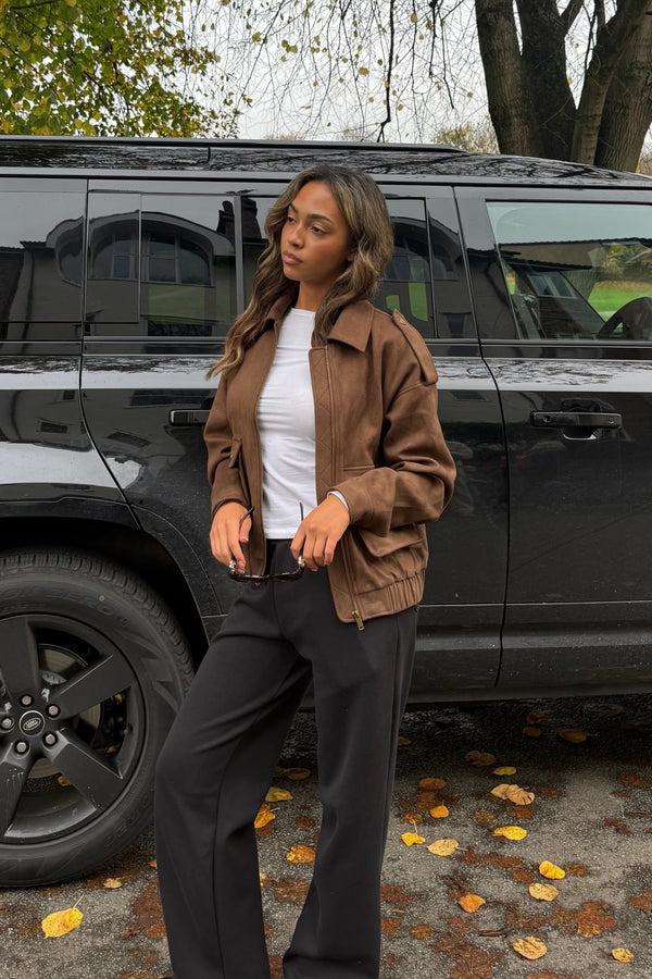 South Beach Avalon Faux Suede Bomber Jacket In Brown