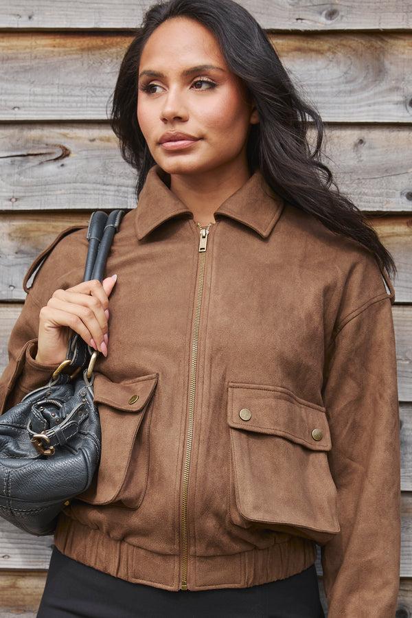 South Beach Avalon Faux Suede Bomber Jacket In Brown