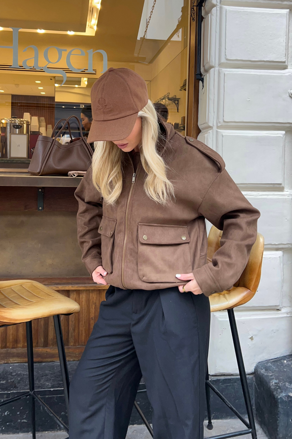 south beach Avalon Faux Suede Bomber Jacket in Brown