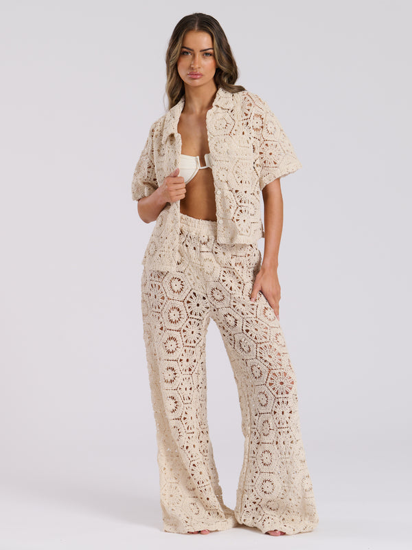 South Beach Bask Cropped Beach Shirt In Vanilla Crochet