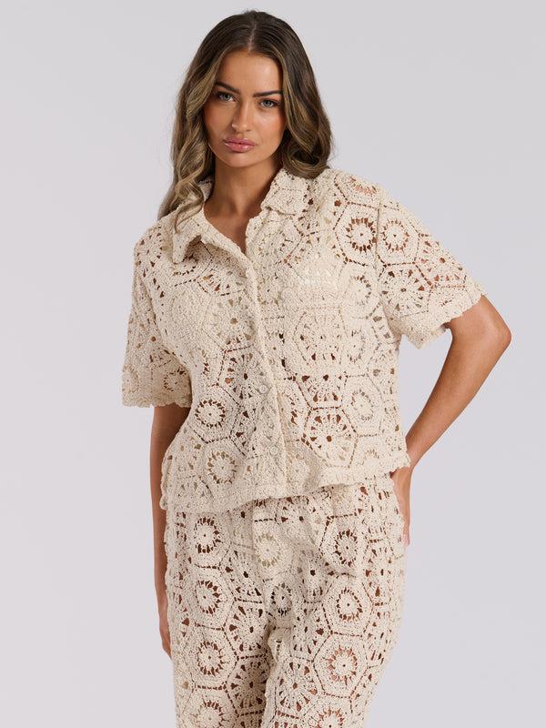 South Beach Bask Cropped Beach Shirt In Vanilla Crochet