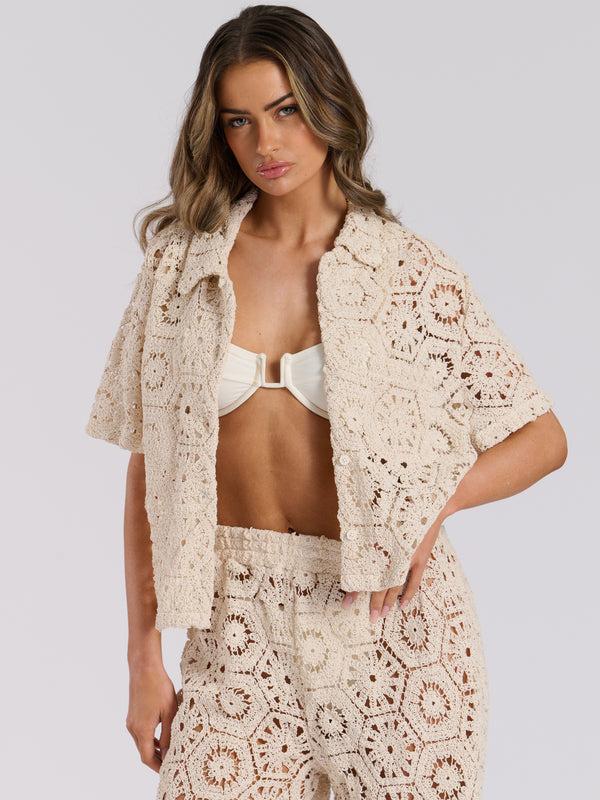 south beach Bask Cropped Beach Shirt in Vanilla Crochet