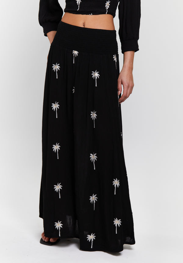 South Beach Black Embroidered Shirred Waist Maxi Skirt