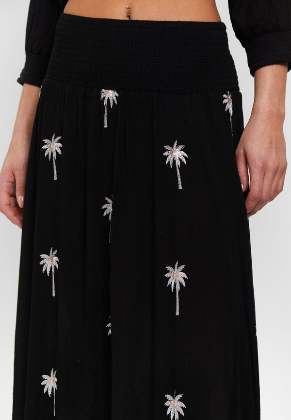 South Beach Black Embroidered Shirred Waist Maxi Skirt