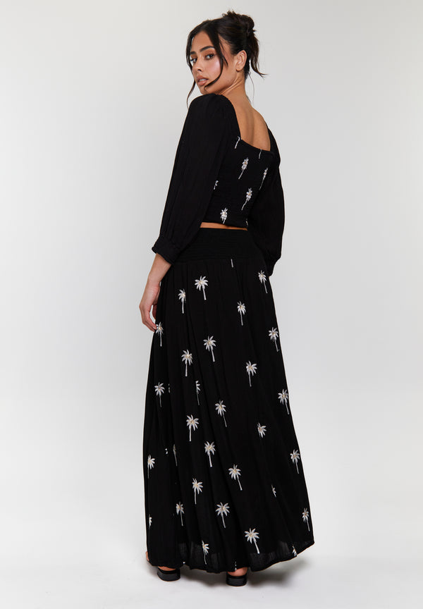 South Beach Black Embroidered Shirred Waist Maxi Skirt