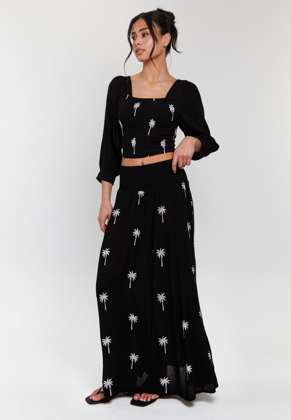 south beach Black Embroidered Shirred Waist Maxi Skirt