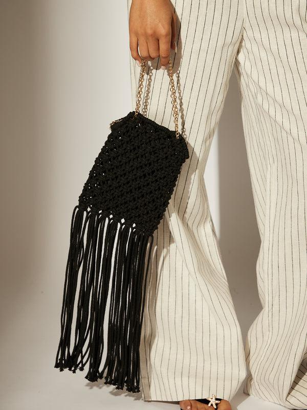South Beach Black Fringe Detail Cross Body Chain Bag
