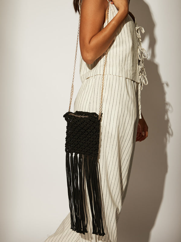 South Beach Black Fringe Detail Cross Body Chain Bag