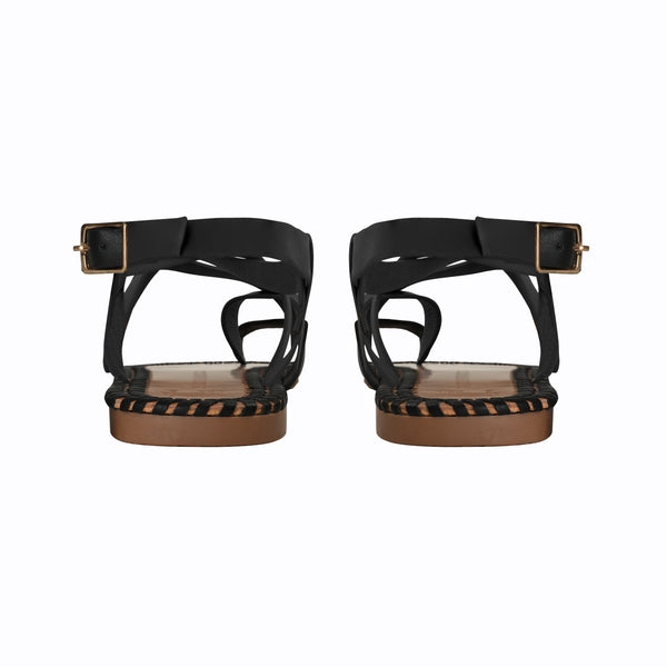 South Beach Black Strappy Sandal With Whipstich Detail