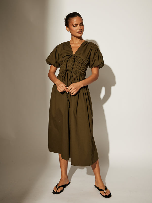 south beach Boma Tie Front Midi Dress With Puff Sleeves in Khaki
