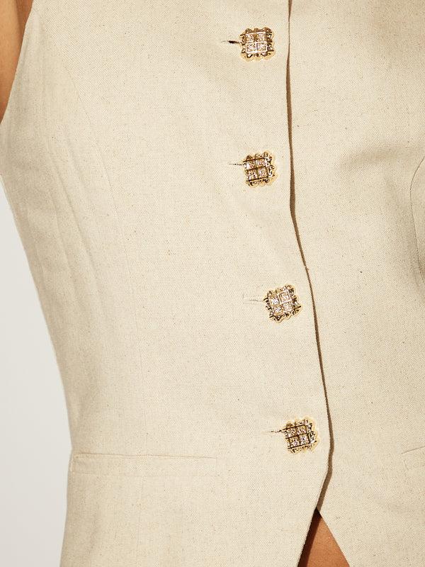 South Beach Broach Linen Longline Waistcoat With Gold Buttons In Beige