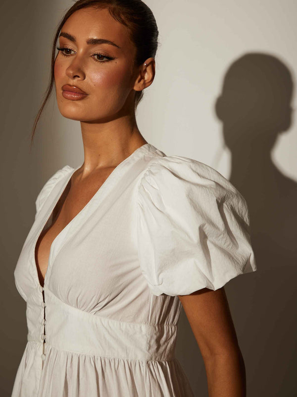 South Beach Darling Puff Sleeve Midi Dress In White