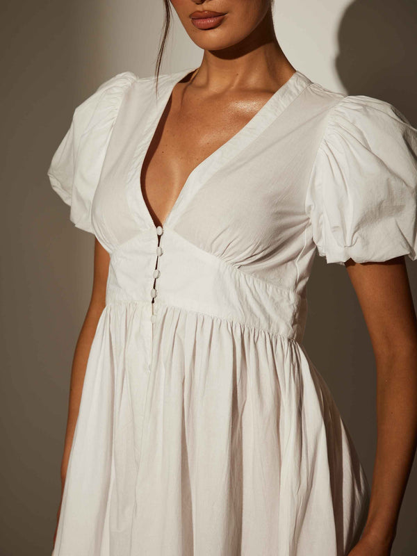 South Beach Darling Puff Sleeve Midi Dress In White