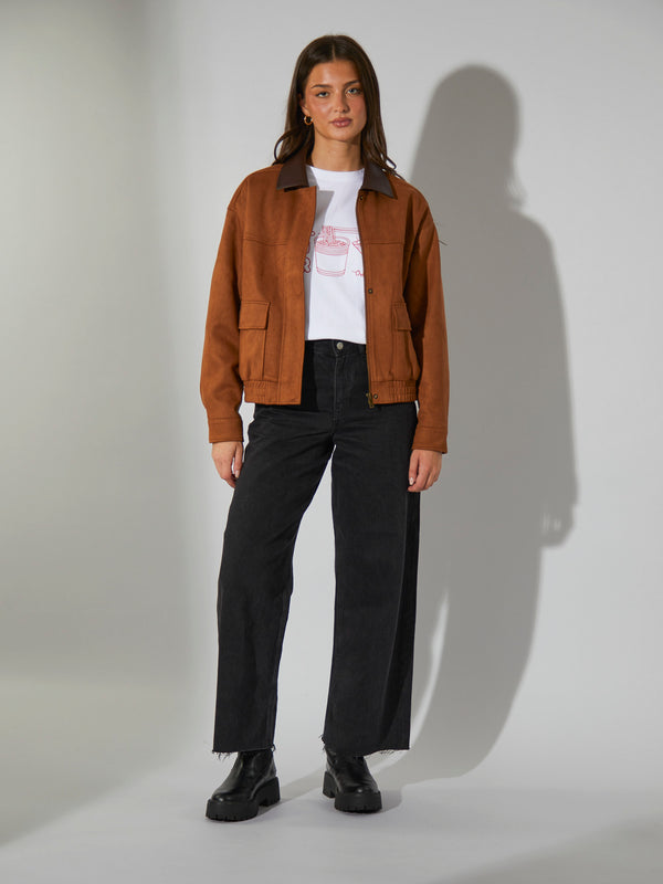 South Beach Elm Faux Suede Bomber With Pu Trim In Tan