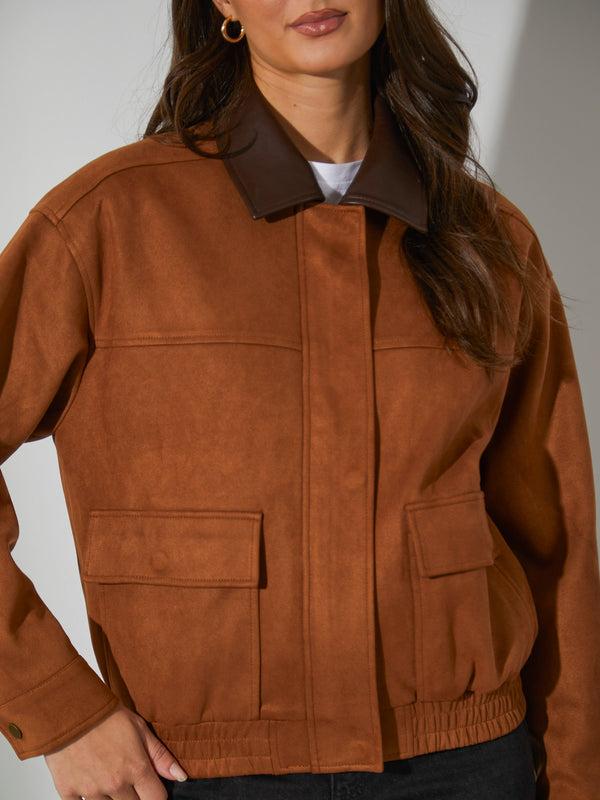 South Beach Elm Faux Suede Bomber With Pu Trim In Tan