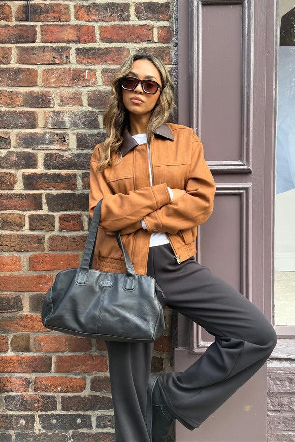 south beach Elm Faux Suede Bomber With Pu Trim in Tan