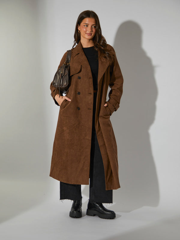 South Beach Fairmont Faux Suede Trench Coat In Brown