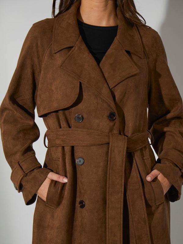 South Beach Fairmont Faux Suede Trench Coat In Brown