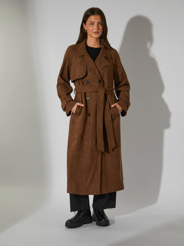 South Beach Fairmont Faux Suede Trench Coat In Brown