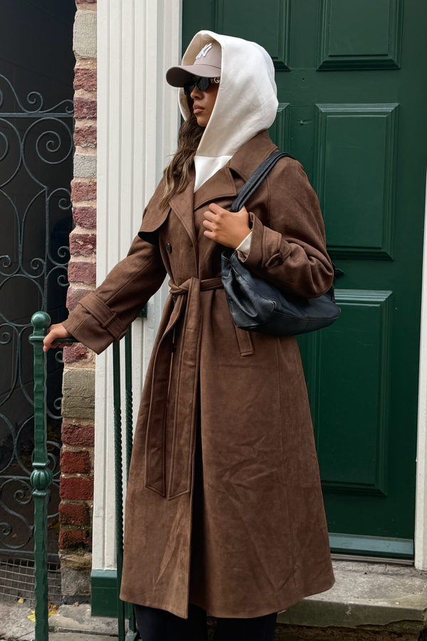 south beach Fairmont Faux Suede Trench Coat in Brown