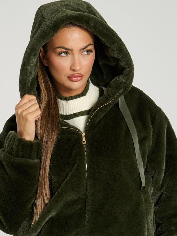 south beach Hibernal Faux Fur Hooded Jacket in Khaki