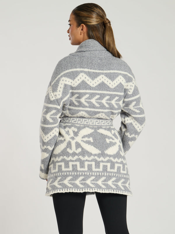 South Beach Hygee Aztec Tie Waist Knitted Cardigan In Grey