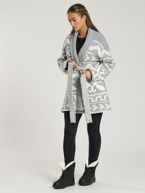 South Beach Hygee Aztec Tie Waist Knitted Cardigan In Grey