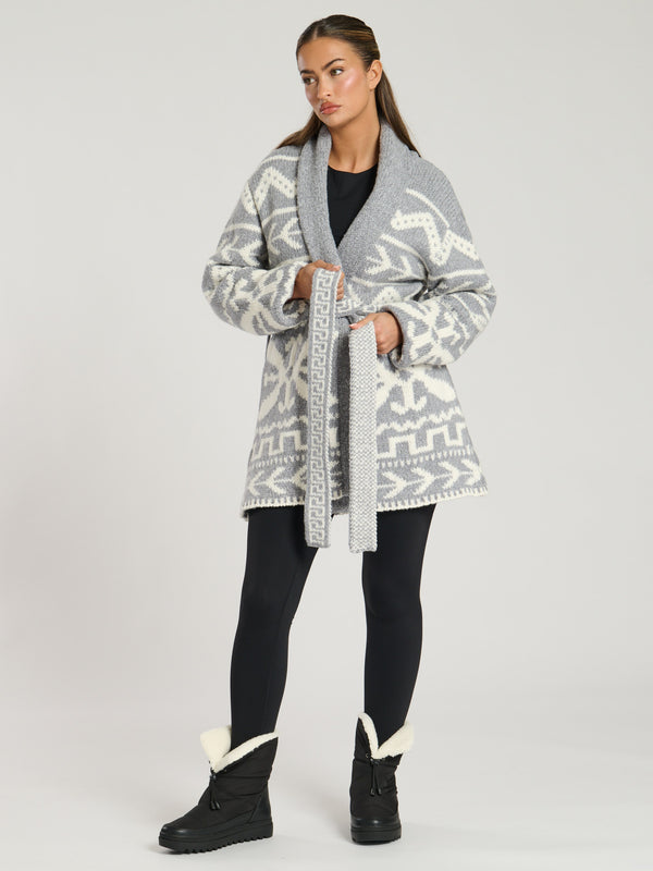 South Beach Hygee Aztec Tie Waist Knitted Cardigan In Grey