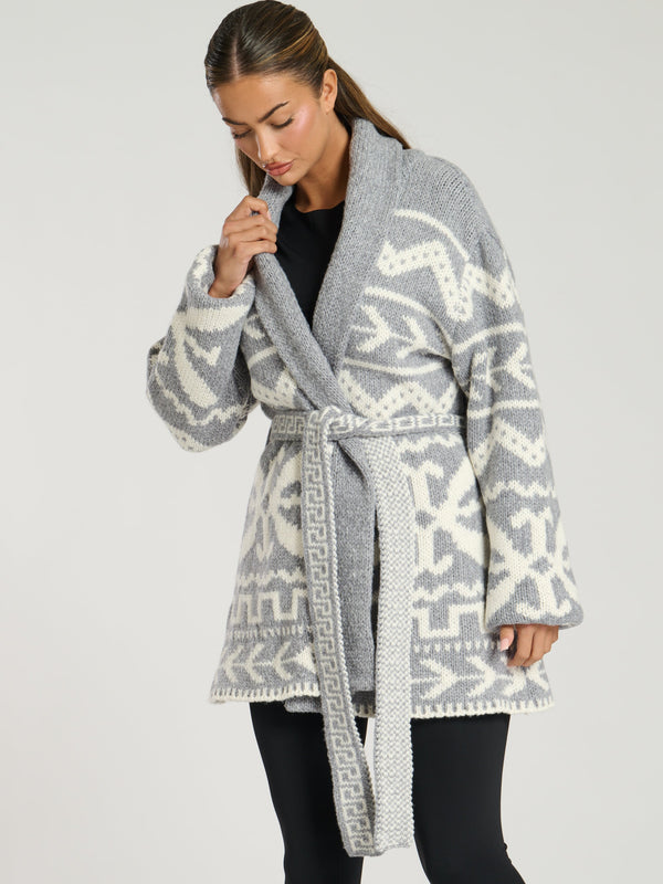 south beach Hygee Aztec Tie Waist Knitted Cardigan in Grey