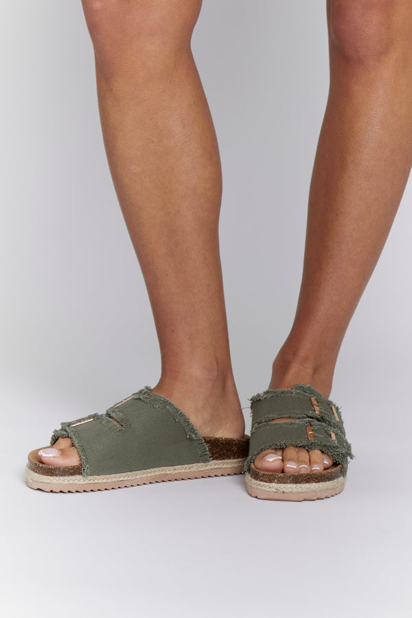 South Beach Khaki Fringed Double Buckle Denim Espadrilles