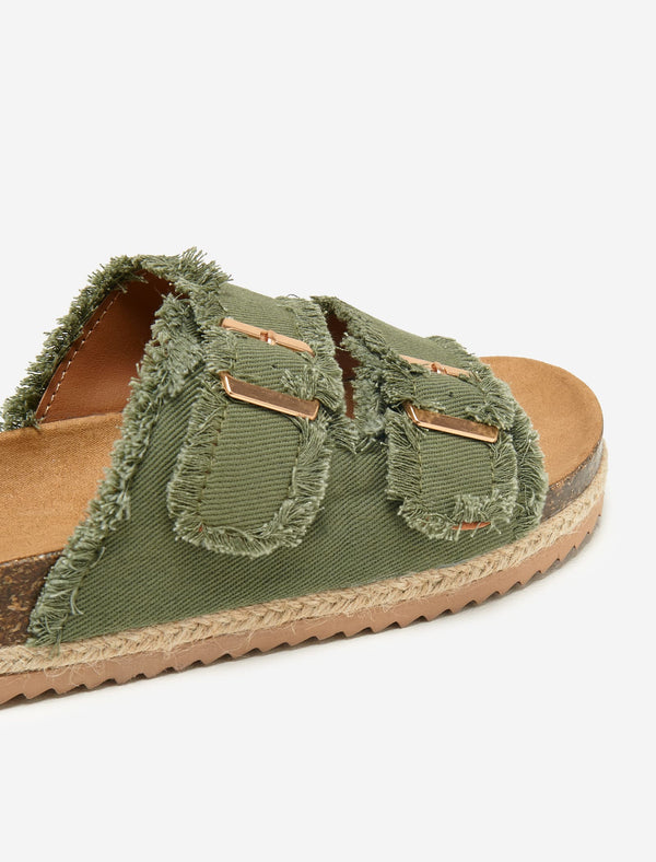 South Beach Khaki Fringed Double Buckle Denim Espadrilles