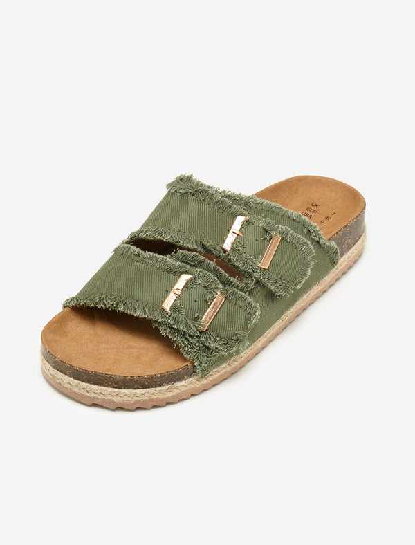 South Beach Khaki Fringed Double Buckle Denim Espadrilles