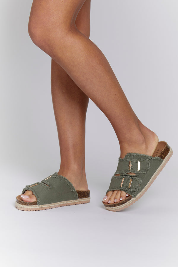 south beach Khaki Fringed Double Buckle Denim Espadrilles