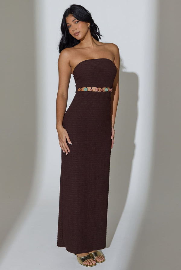 South Beach Lexi Beaded Waist Bandeau Maxi Dress In Brown