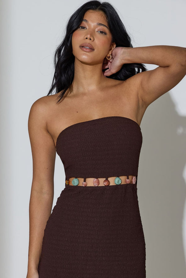 South Beach Lexi Beaded Waist Bandeau Maxi Dress In Brown
