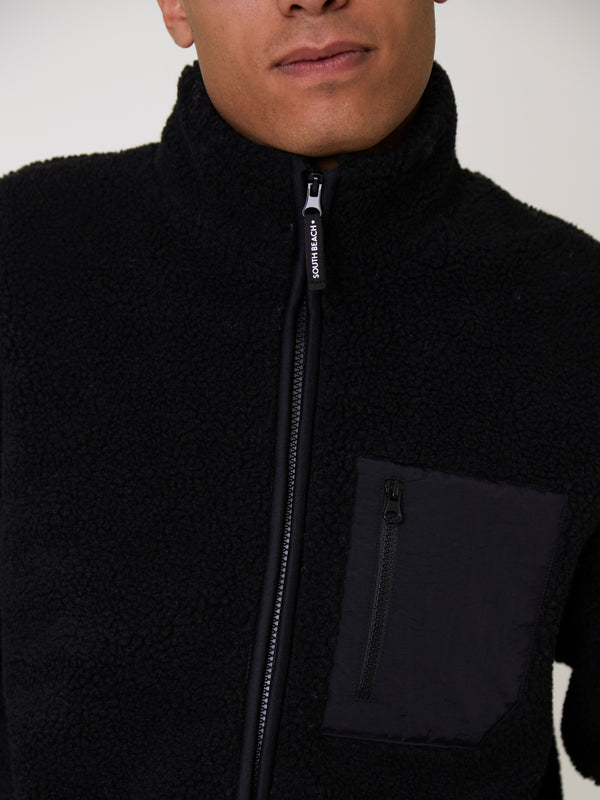 South Beach Men's Black Borg Zip Jacket With Pocket