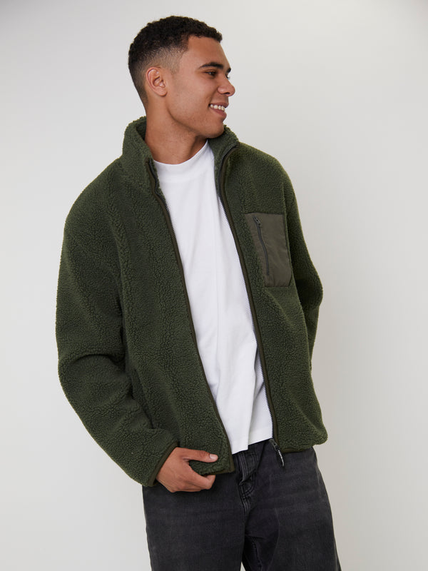 South Beach Men's Green Borg Zip Jacket With Pocket