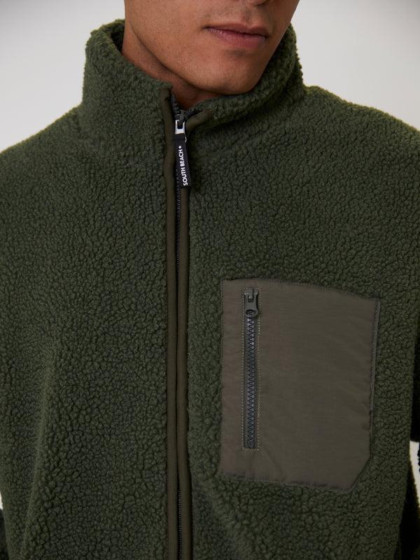 South Beach Men's Green Borg Zip Jacket With Pocket
